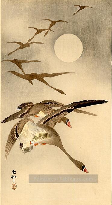 huit Oies rieuses blanches en vol pleine lune derrière Ohara KOSON Shin Hanga Peintures à l'huile
